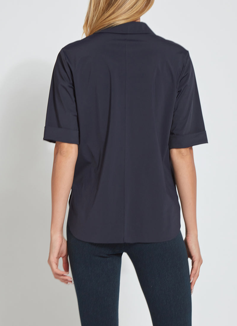 color=True Navy, back view, slim fit women’s short sleeve button up shirt in wrinkle resistant microfiber