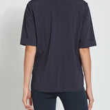 color=True Navy, back view, slim fit women’s short sleeve button up shirt in wrinkle resistant microfiber