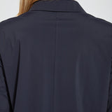 color=True Navy, back neckline detail, slim fit women’s short sleeve button up shirt in wrinkle resistant microfiber