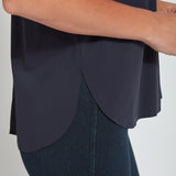 color=True Navy, hem detail, slim fit women’s short sleeve button up shirt in wrinkle resistant microfiber