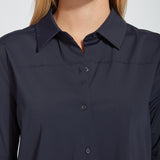 color=True Navy, front neckline detail, slim fit women’s short sleeve button up shirt in wrinkle resistant microfiber