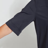 color=True Navy, sleeve detail, slim fit women’s short sleeve button up shirt in wrinkle resistant microfiber