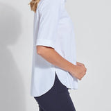 color=White, side view, slim fit women’s short sleeve button up shirt in wrinkle resistant microfiber