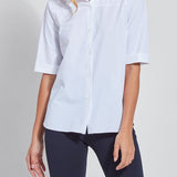 color=White, front view, slim fit women’s short sleeve button up shirt in wrinkle resistant microfiber