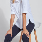 color=White, seated front angle, slim fit women’s short sleeve button up shirt in wrinkle resistant microfiber