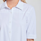 color=White, front detail, slim fit women’s short sleeve button up shirt in wrinkle resistant microfiber