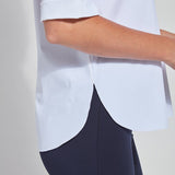 color=White, hem detail, slim fit women’s short sleeve button up shirt in wrinkle resistant microfiber