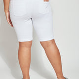 color=White, back view, biker-length women's denim short, comfort waistband, flattering plus size cut