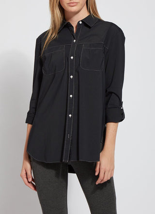 color=Black, front view, stretch microfiber women's button up shirt with patch pockets and roll-tab sleeves