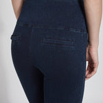 color=Indigo, Rear detail view of indigo denim skinny jean legging with concealing waistband