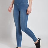 color=Mid Wash, Rear detail mid wash blue denim skinny jean legging with concealing waistband