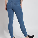 color=Mid Wash, rear view of denim skinny jean legging with concealing waistband, seen from waist down