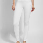 color=White, Front view white denim skinny jean legging with concealing waistband, seen from waist down