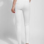 color=White, Rear view white denim skinny jean legging with concealing waistband, seen from waist down