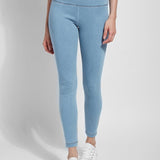 color=Bleached Blue, Front shot of bleached blue color cotton and spandex leggings with concealed signature waistband, from the waist down