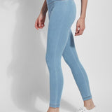 color=Bleached Blue, Side shot of bleached blue cotton and spandex leggings with concealed slimming signature waistband, from waist down