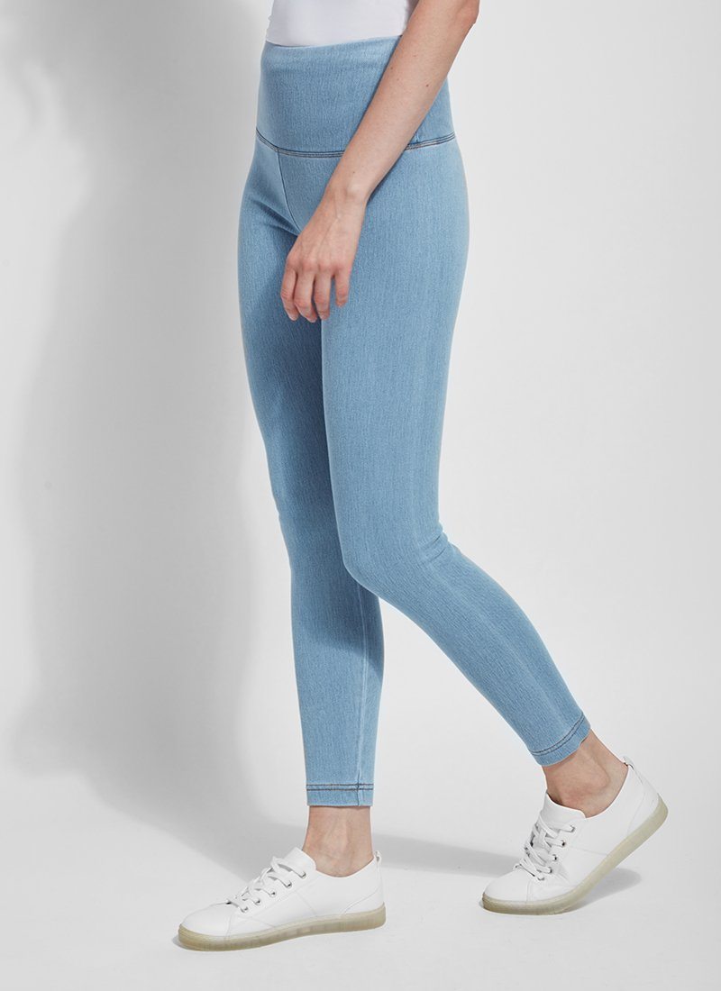 color=Bleached Blue, Side shot of bleached blue cotton and spandex leggings with concealed slimming signature waistband, from waist down
