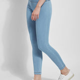 color=Bleached Blue, Side shot of bleached blue cotton and spandex leggings with concealed slimming signature waistband, from waist down