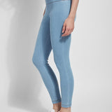 color=Bleached Blue, Side shot of bleached blue cotton and spandex leggings with concealed slimming signature waistband, from waist down