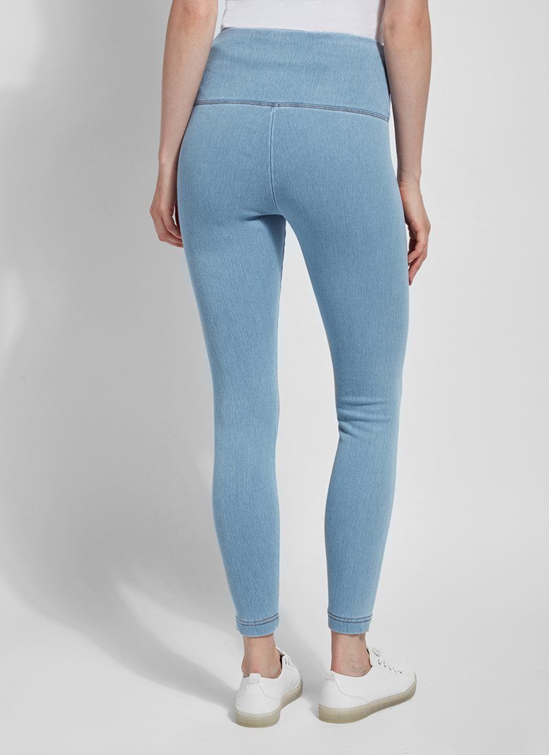 color=Bleached Blue, Rear shot of bleached blue cotton and spandex leggings with concealed slimming signature waistband, from waist down