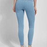 color=Bleached Blue, Rear shot of bleached blue cotton and spandex leggings with concealed slimming signature waistband, from waist down