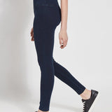 color=Indigo, Side shot of indigo cotton and spandex leggings with hidden signature slimming waistband, from waist down