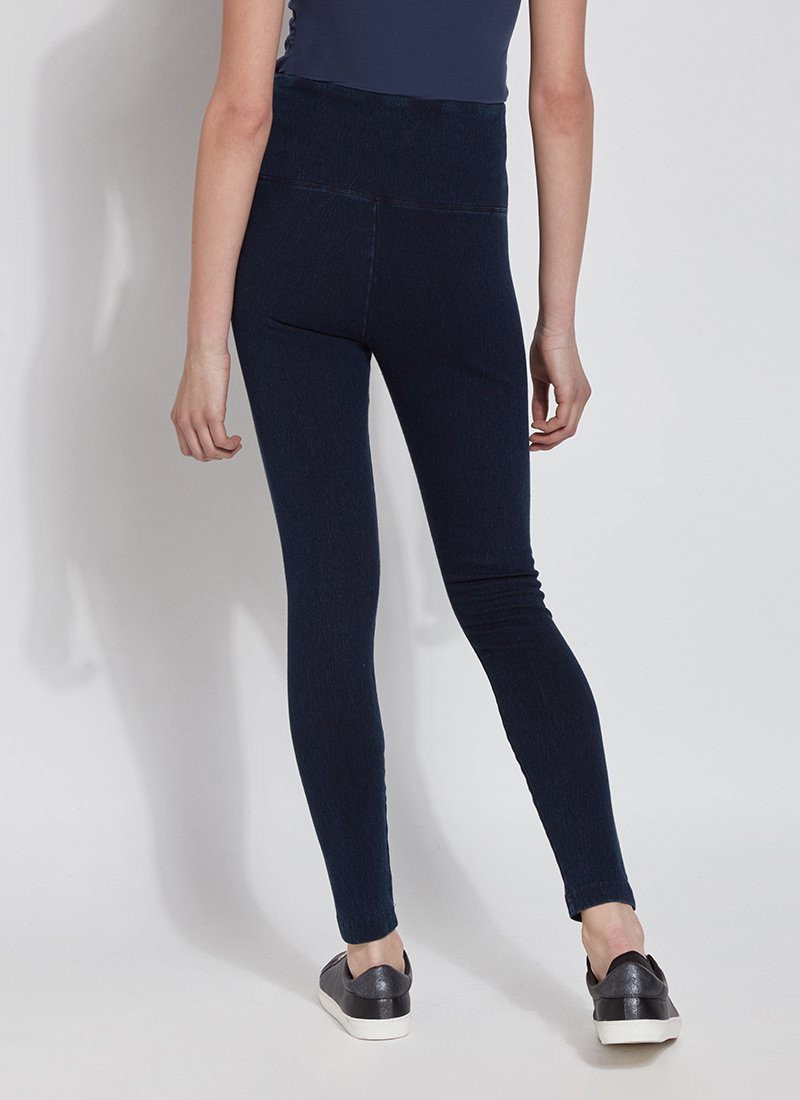 color=Indigo, Rear shot of indigo cotton and spandex leggings with concealed slimming signature waistband,, from waist down