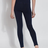 color=Indigo, Rear shot of indigo cotton and spandex leggings with concealed slimming signature waistband,, from waist down