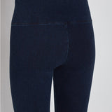 color=Indigo, Detail rear shot of indigo cotton and spandex leggings with concealed signature waistband