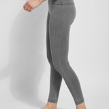 color=Mid Grey, Side view of mid grey cotton and spandex leggings with concealed slimming signature waistband, from waist down