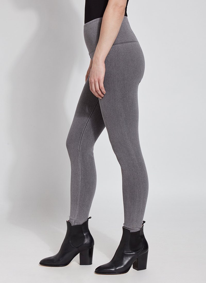 color=Mid Grey, Side shot of mid grey colored, cotton and spandex denim leggings with concealed signature waistband, from the waist down