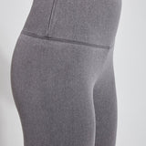 color=Mid Grey, Detail side shot of mid grey color cotton and spandex leggings with concealed slimming signature waistband, right hip