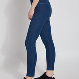 color=Mid Wash, Side shot of mid wash blue cotton and spandex leggings with concealed signature waistband,