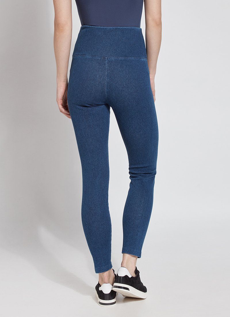 color=Mid Wash, Rear shot of mid wash blue cotton and spandex leggings with concealed signature waistband, from waist down