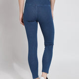 color=Mid Wash, Rear shot of mid wash blue cotton and spandex leggings with concealed signature waistband, from waist down