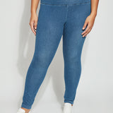 color=Mid Wash, ankle length denim jean leggings with concealed waistband for flattering, slimming fit, best selling jegging