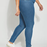 color=Mid Wash, side view, ankle length denim jean leggings with concealed waistband for flattering, slimming fit, best selling jegging
