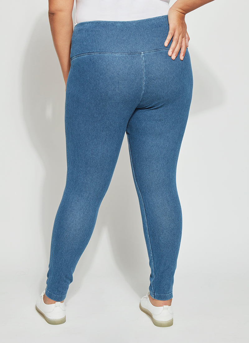 color=Mid Wash, back view, ankle length denim jean leggings with concealed waistband for flattering, slimming fit, best selling jegging