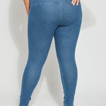 color=Mid Wash, back view, ankle length denim jean leggings with concealed waistband for flattering, slimming fit, best selling jegging