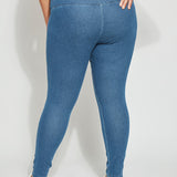 color=Mid Wash, back view, ankle length denim jean leggings with concealed waistband for flattering, slimming fit, best selling jegging