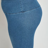 color=Mid Wash, waist detail, ankle length denim jean leggings with concealed waistband for flattering, slimming fit, best selling jegging