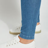 color=Mid Wash, hem detail, ankle length denim jean leggings with concealed waistband for flattering, slimming fit, best selling jegging