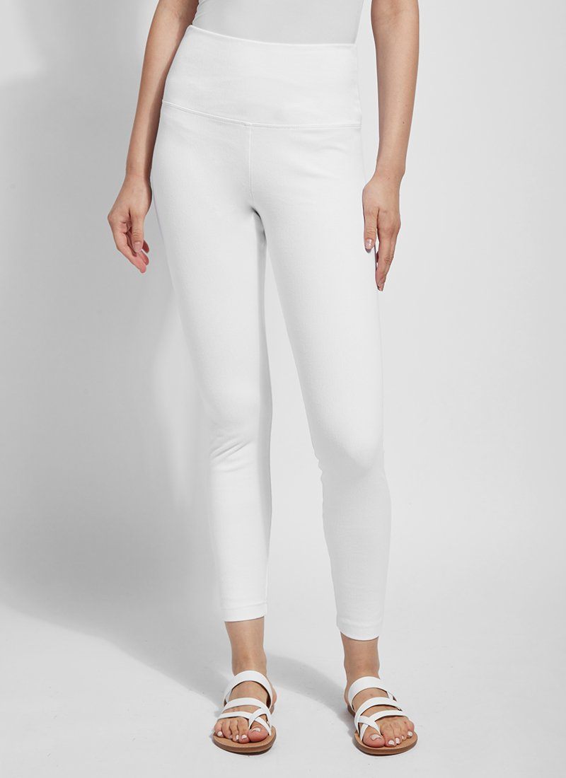 color=White, Front shot of white cotton and spandex leggings with concealed slimming signature waistband, from waist down