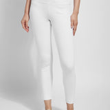 color=White, Front shot of white cotton and spandex leggings with concealed slimming signature waistband, from waist down