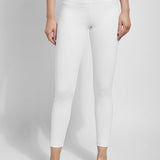 color=White, Front shot of white cotton and spandex leggings with concealed slimming signature waistband, from the waist down