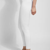 color=White, Side shot of white cotton and spandex leggings with concealed slimming signature waistband, from waist down