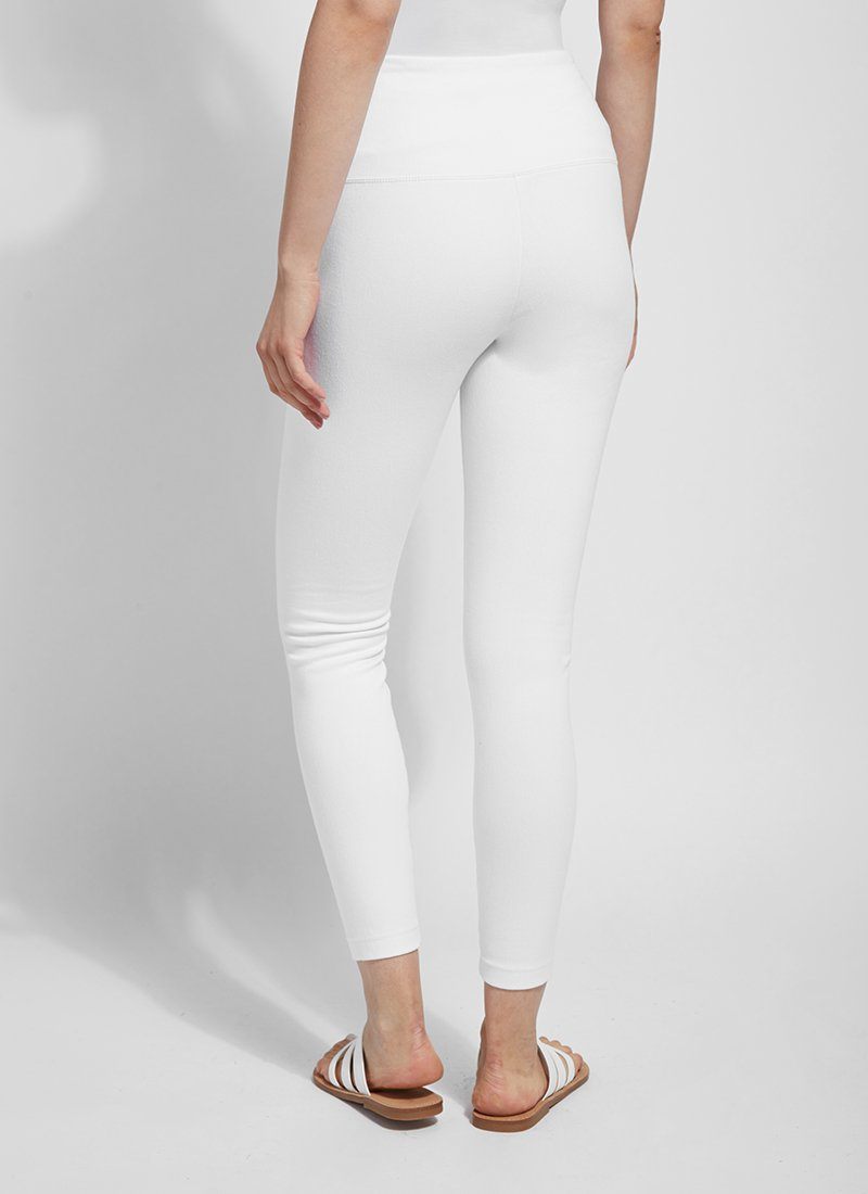 color=White, Rear shot of white cotton and spandex leggings with concealed signature waistband, from the waist down