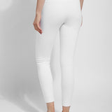 color=White, Rear shot of white cotton and spandex leggings with concealed signature waistband, from the waist down