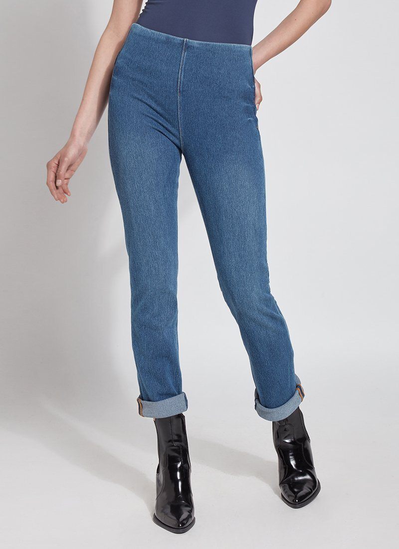 color=Mid Wash, front view, plus size boyfriend cut denim leggings with comfort waistband to smooth and slim