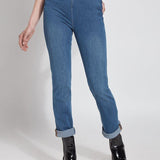color=Mid Wash, front view, plus size boyfriend cut denim leggings with comfort waistband to smooth and slim